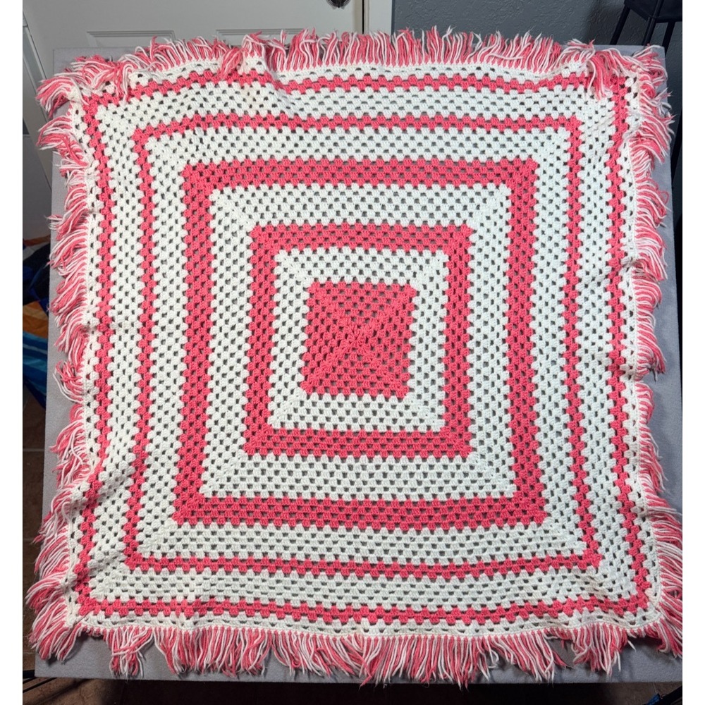 Homemade Crochet Baby Blanket - Pink and White - 48" x 48" - Very Good Condition